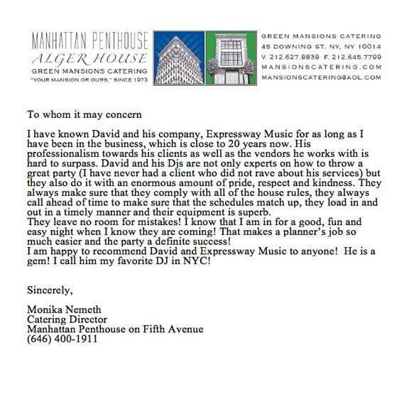 Recommended DJ and Review Manhattan Penthouse DJ Review letter