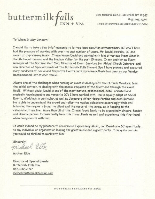 dj reviews and recommendations Buttermilk Falls letter of recommendation for DJ