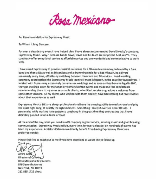 best dj review DJ letter of recommendation from Rosa Mexicano